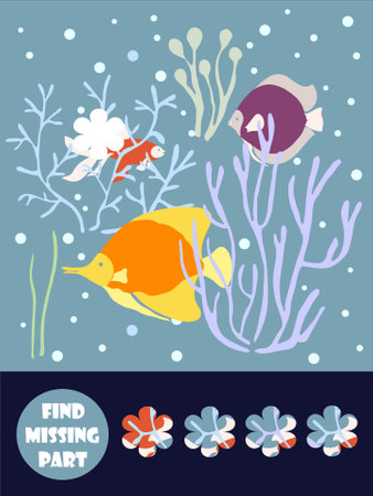 Cute cartoon fish. Complete puzzle, find missing parts of the picture. Game for kids. Stock vector illustration for web, for printのイラスト素材