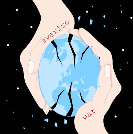 Avarice and war conceptual banner. People destroying Earth planet. Two hands clasps destroying the...