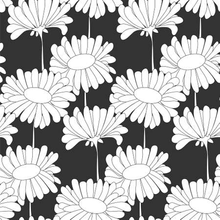 Daisies monochrome seamless pattern. White flower on black stock vector illustration for fabric print, for web, for printのイラスト素材