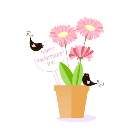 Happy Valentines Day banner. Pink flowers in pot art design stock vector illustration for web, for print, for postcardのイラスト素材