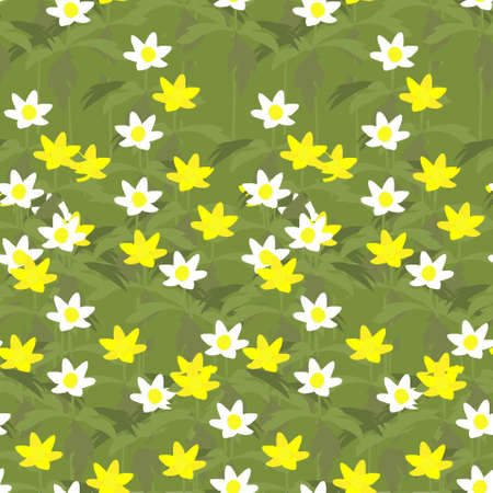 White and yellow anemone green leaves seamless pattern art design elements stock vector illustration for web, for print, for fabric printのイラスト素材