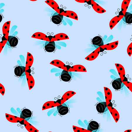 Ladybugs colorful seamless background on blue stock vector illustration for web, for print, for coloring pageのイラスト素材
