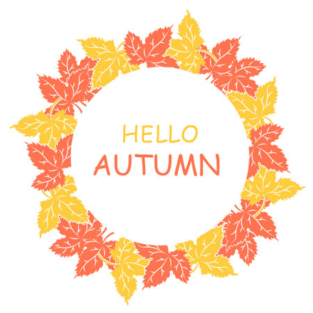 Hello Autumn banner red yellow Leaves round banner on white for web, for print, for fabric printのイラスト素材