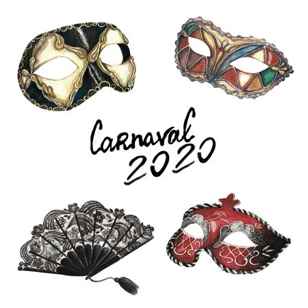 watercolor set of carnival masks and black lace fan.の写真素材