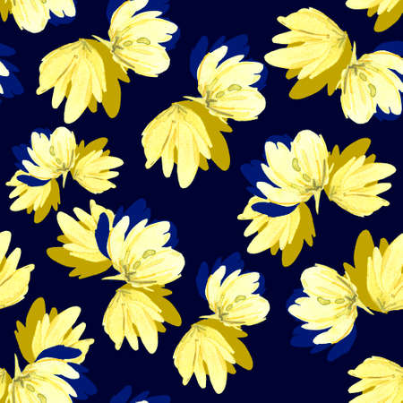 Watercolor seamless pattern with simple hand-drawn flowers. Floral print on a dark mystical background.の写真素材