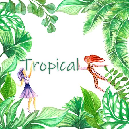 Watercolor dancing couple surrounded by lush tropical foliage. Cool positive poster for your designs.の写真素材