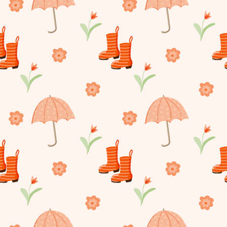 Seamless pattern on a gentle background. Umbrella, rubber boots and flowers. Spring. Summer. Spring weather. Vector in flat style. Suitable for textiles, packaging and wallpaper.のイラスト素材