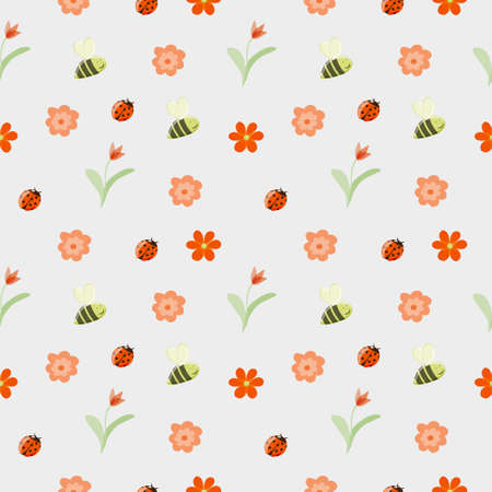 Seamless spring background. Flowers, bees and ladybugs. Vector in flat style. Spring Summer. Cheerful childrens background. Suitable for fabric, packaging and wallpaperのイラスト素材