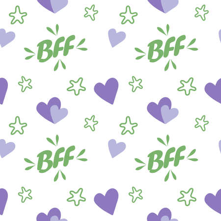 cute lovely purple hearts and stars with bff text seamless vector pattern background illustrationのイラスト素材