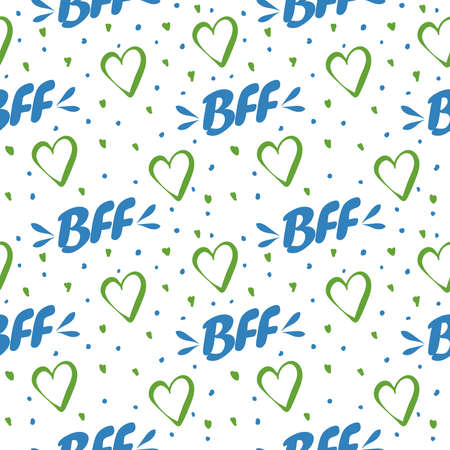 Seamless pattern on a white background. Cute lovely hearts with bff text. For best friends.のイラスト素材