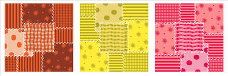 Patchwork seamless pattern. Stripes, a cage, flowers and peas. Ornaments in bright colors. Vector illustrationのイラスト素材