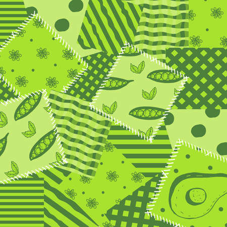 Vector abstract hand drawn seamless patchwork pattern with floral ornaments, stylized flowers, dots, plants and lace. Patchwork sewingのイラスト素材