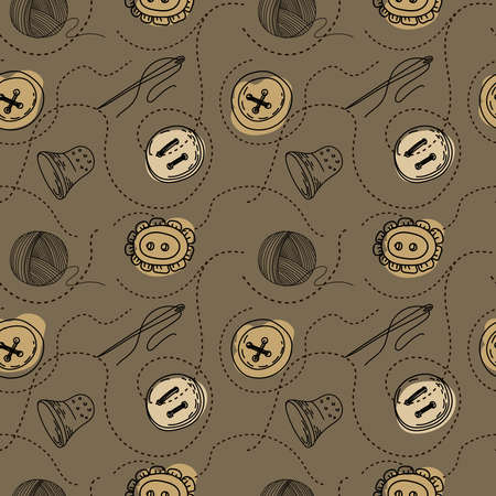 Seamless pattern. Buttons, threads and needles. Doodle style vector.のイラスト素材