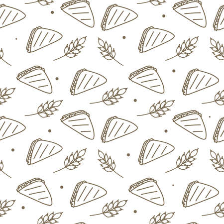 Seamless pattern on a white background. Bakery products. Sandwiches with spikelets of wheat. Hand drawing. In one line.のイラスト素材