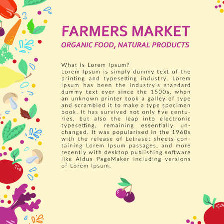 Diet and organic food template. Healthy eating vector concept with flat fruits, vegetables and copyspace. Great for healthy magazines, cooking web sites and restaurant newsletters.のイラスト素材