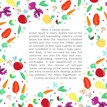 The template is suitable for health magazines, food websites, and restaurant newsletters. Diet and organic food. Healthy food vector concept with flat fruits, vegetables.のイラスト素材
