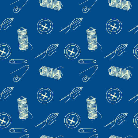 Monochrome seamless pattern of threads, buttons, needles and pins. A needle from a thread. Doodle style vector.のイラスト素材