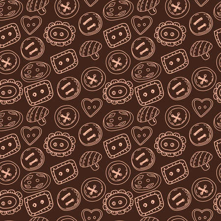 Monochrome seamless button pattern. Various types of fittings. Buttons of different shapes and sizes. Doodle style vector.のイラスト素材