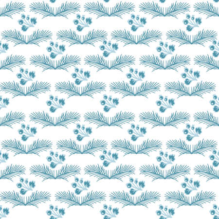 Winter Seamless Pattern. Christmas print. A branch from a Christmas tree and a branch with berries. Tender, pastel palette.のイラスト素材