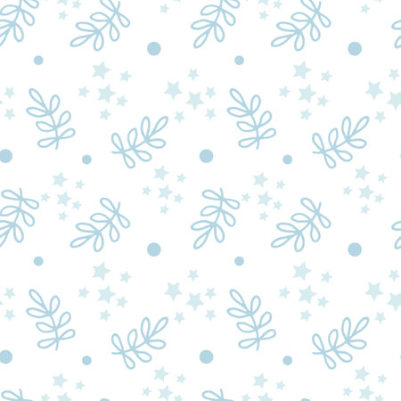 Winter Seamless Pattern. Christmas print. Tree branch, stars and balloons. Pastel palette.のイラスト素材