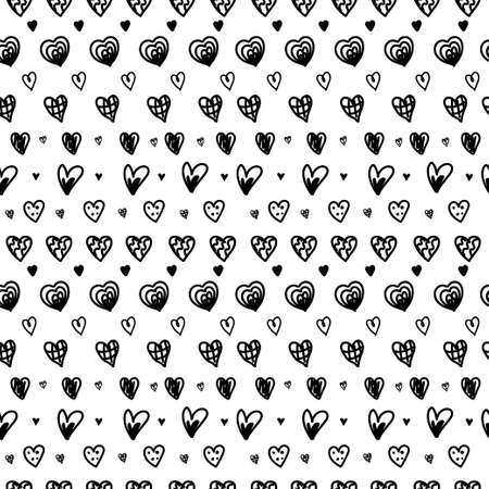 Abstract seamless heart drawing. Ink illustration. Hearts with different designs. Black and white.のイラスト素材
