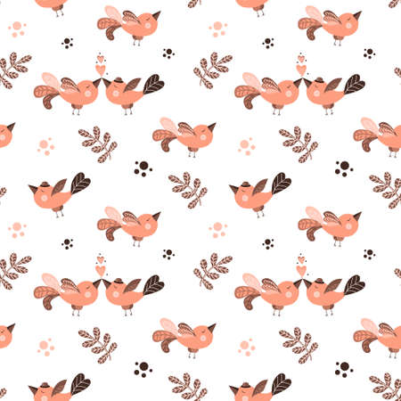 Seamless retro bird and flower red valentine wallpaperのイラスト素材