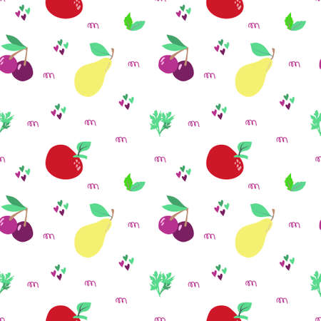 Silhouettes of fruits and vegetables. Icons of fruits, vegetables, nuts, berries. Contains apple, cherry, pear, tomato, green peas, beets, mushrooms, basil and parsley. Banner for farmers market.のイラスト素材