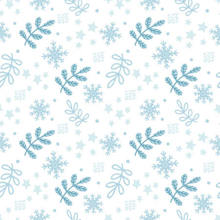 Winter Seamless Pattern. Christmas print. Snowflakes, tree netting, stars, little hearts and balloons. Pastel palette.のイラスト素材