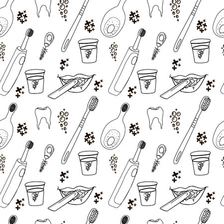 Dental seamless pattern. White linear icons. Blue backdrop Flat design. Vector illustrationのイラスト素材