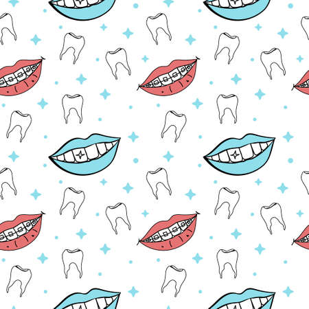 Seamless background of teeth and smiles and illustration of dentistry in doodle style in vector formatのイラスト素材