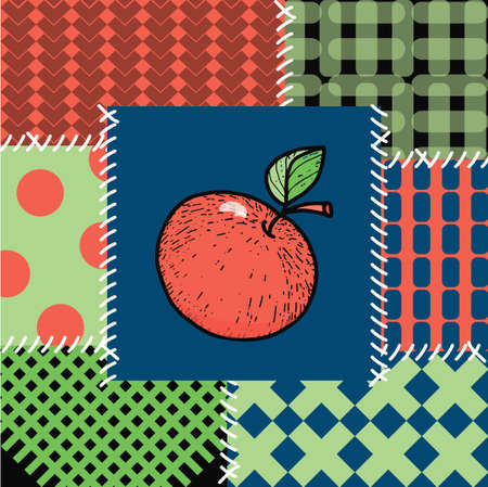 Patchwork seamless pattern. Apple stripes, plaid, crochet and polka dots. Ornaments in bright colors. Flat style vector illustration.のイラスト素材