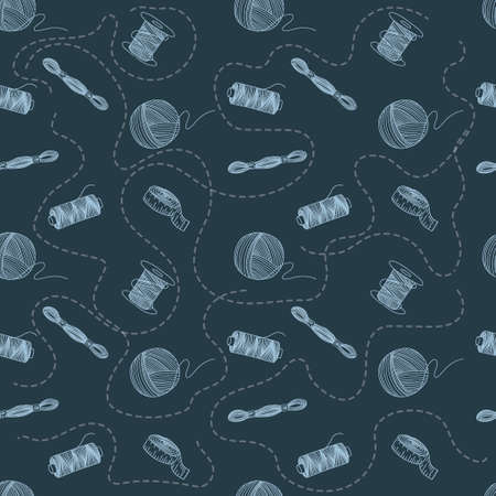Seamless pattern of elements on a dark background. Thread, bobbins, and a ball of thread. Handmade. Tools for needlework. Flat style vector.のイラスト素材