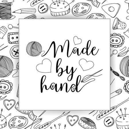Handmade icons, needlework shop. Thread, needles, pins and buttons. Handmade lettering Hand-drawn doodle-style illustrations.の写真素材