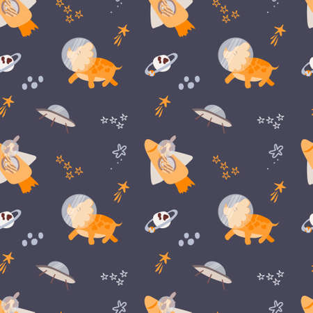 Flying dinosaurs seamless pattern. Stars, planets. Space. Dinosaurs in space. The vector is made in a flat style. Illustration. Suitable for textiles and packaging.のイラスト素材