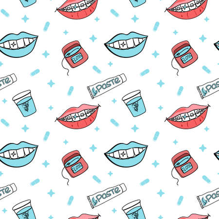 Smiles with and without braces. White beautiful teeth. Toothpaste, dental floss and oral tablets. Seamless pattern of elements on a white background.のイラスト素材