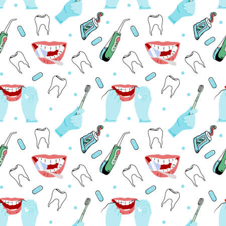 Funny vector seamless pattern of cartoon healthy and diseased teeth, toothbrushes, dental floss, apples, carrots, tooth decay, toothpaste.のイラスト素材