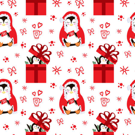 Christmas pattern with cute penguins. Festive background with hand drawn elements, vector illustration in flat style.のイラスト素材