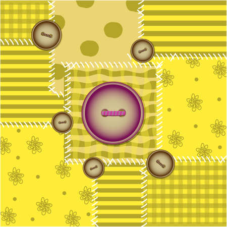 Patchwork seamless pattern. Buttons, flowers, plaid, crochet and polka dots. Ornaments in bright...