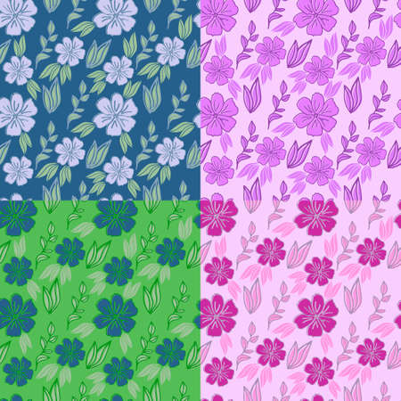 Spring seamless pattern on a dark background. Different color palettes. Lovely flowers with twigs. Vector in flat style.のイラスト素材