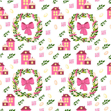 Spring vector seamless pattern. Easter wreath with cute houses, tree twigs, bows, Easter eggs. Spring. Easter. Vector in flat style.のイラスト素材