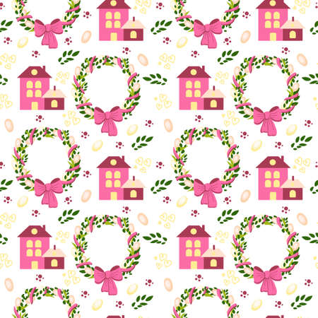 Spring vector seamless pattern. Easter wreath, tree twigs, Easter eggs and cute houses. Spring. Vector in flat style.のイラスト素材