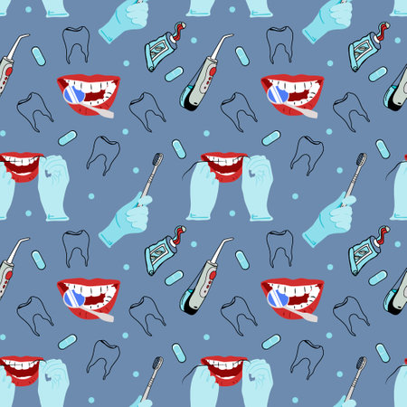 Funny vector seamless pattern of cartoon healthy teeth checking teeth at the dentist, toothbrushes, dental floss, toothpaste.のイラスト素材