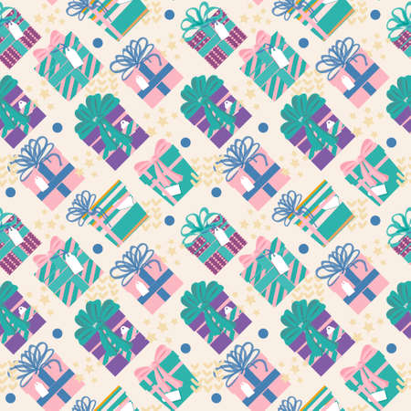 Seamless holiday pattern. Gift boxes with different prints and bows. Christmas, Valentines Day. In fashionable gentle colors.のイラスト素材