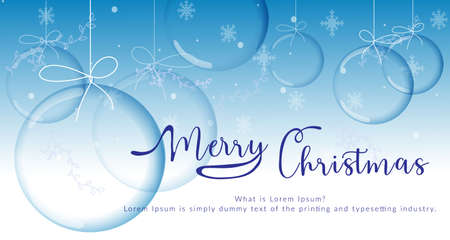 Rectangular greeting card template. Banner with the inscription Merry Christmas and cute seasonal elements in a round shape. New Year. Transparent sphere of glass balloon. Hand drawn.のイラスト素材