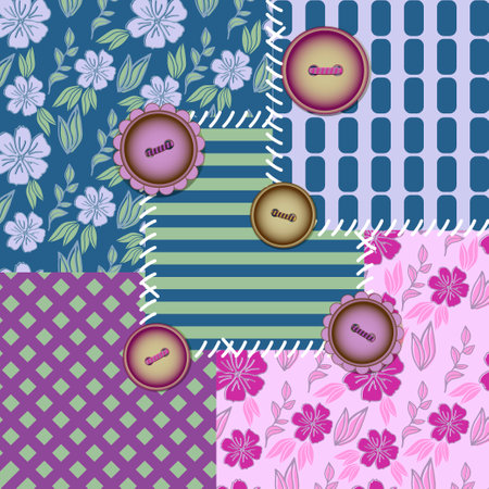 Patchwork seamless pattern. Ornaments, flowers and buttons. Flat style vector illustration.のイラスト素材