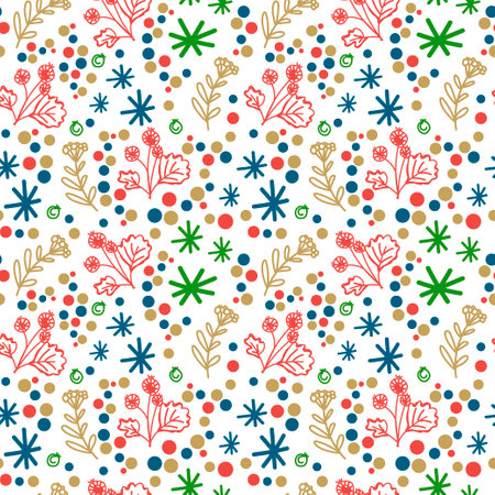 Seamless pattern with floral elements on a white background. Small twigs with berries, snowflakes and colorful circles. Suitable for packaging and textiles. Vector in flat style.のイラスト素材