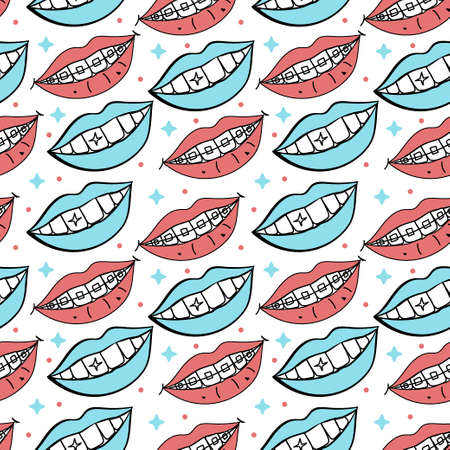 Seamless lip pattern. Fancy open mouth with teeth, lips in a smile, teeth with braces. Positive emotion. Vector illustration for an unusual modern design in pastel colors.のイラスト素材