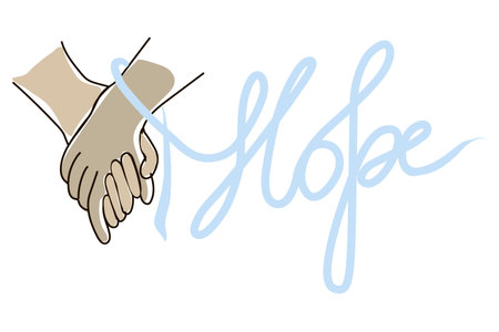 Keep your hands together. AIDS Day. December 1.vector. flat style. Partners' hands together. Ribbon around the wrist transitioning into the inscription Hope.のイラスト素材