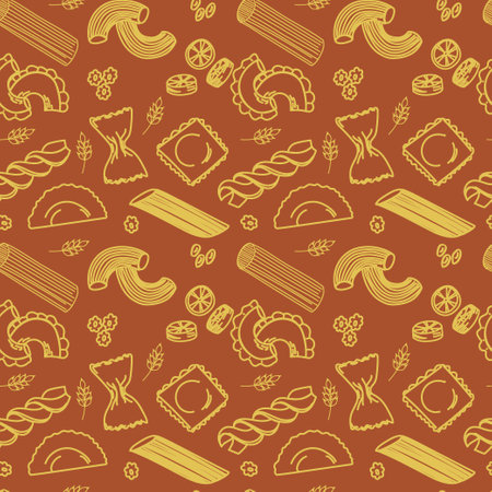 Vector illustration in doodle style. Seamless pattern of different kinds of pasta.のイラスト素材