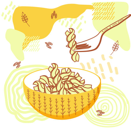 Hand-drawn pasta, fusilli, fork and cup. A cup with a drawing. Abstract background with small grains and an ear of wheat. Doodle style vector illustration.のイラスト素材